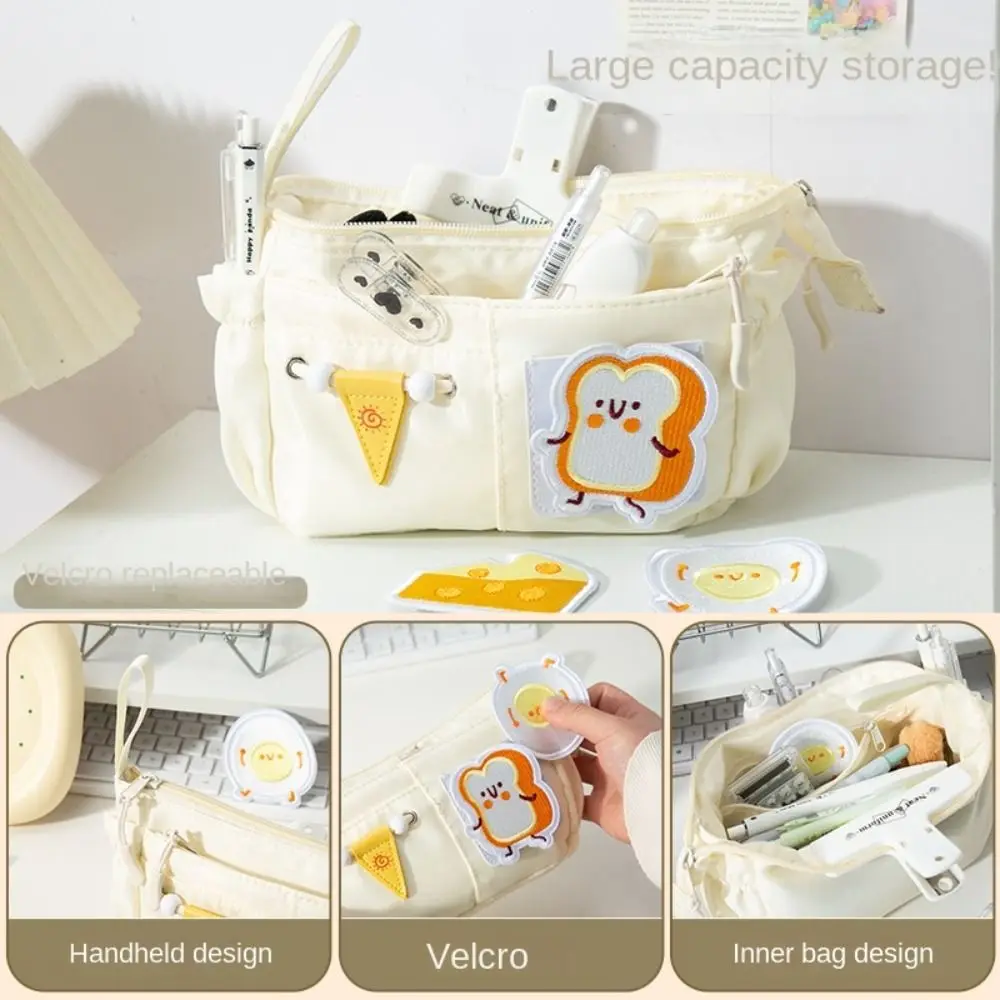 DIY Large Capacity Pencil Box Organizer Zipper Embroidered Patch Pencil Case Cartoon Portable Stationery Storage Bag Student
