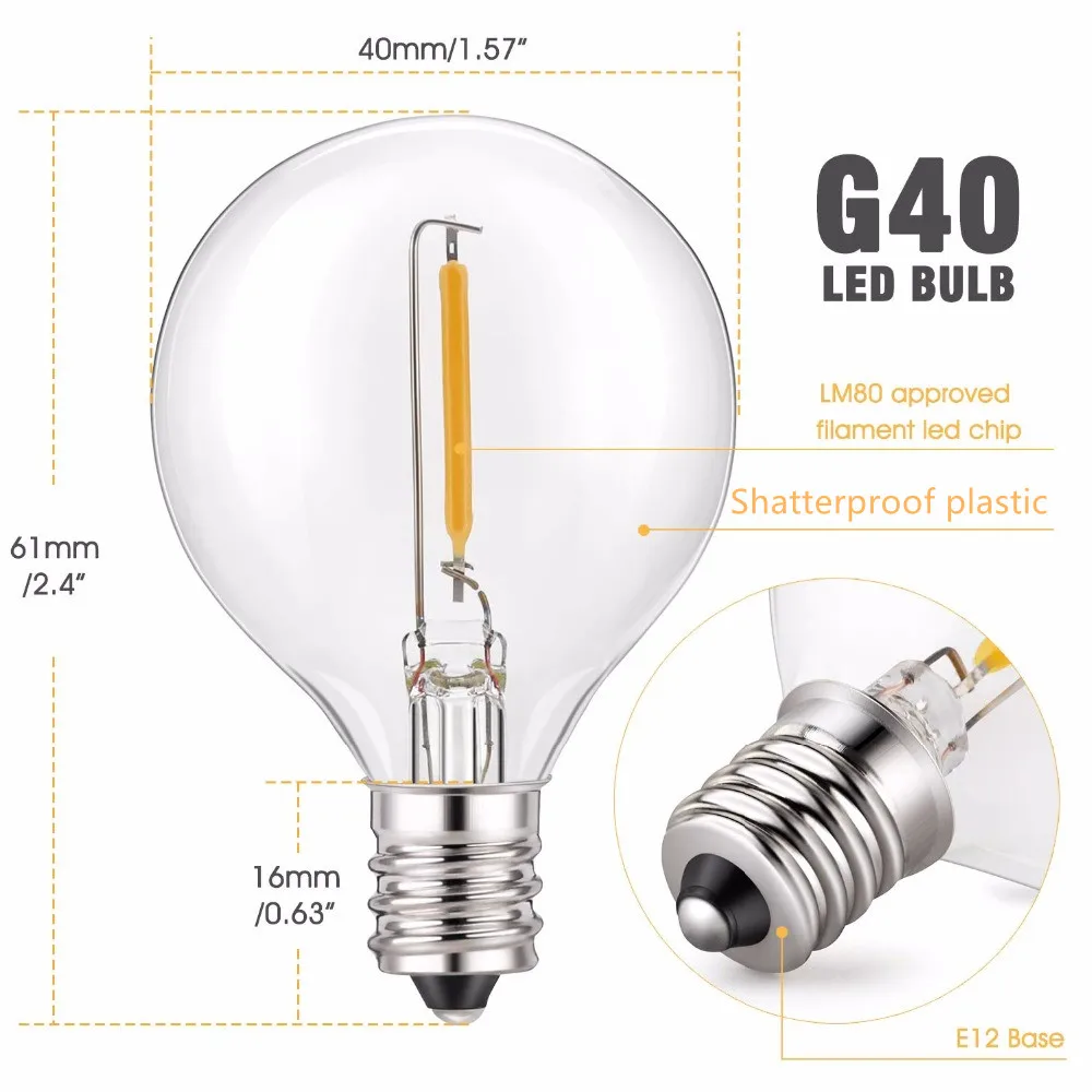 LED G40 투명 글로브 전구, E12 따뜻한 교체, 백열 전구, 동일한 효과, G40 스트링, 5W, 7W, 10X