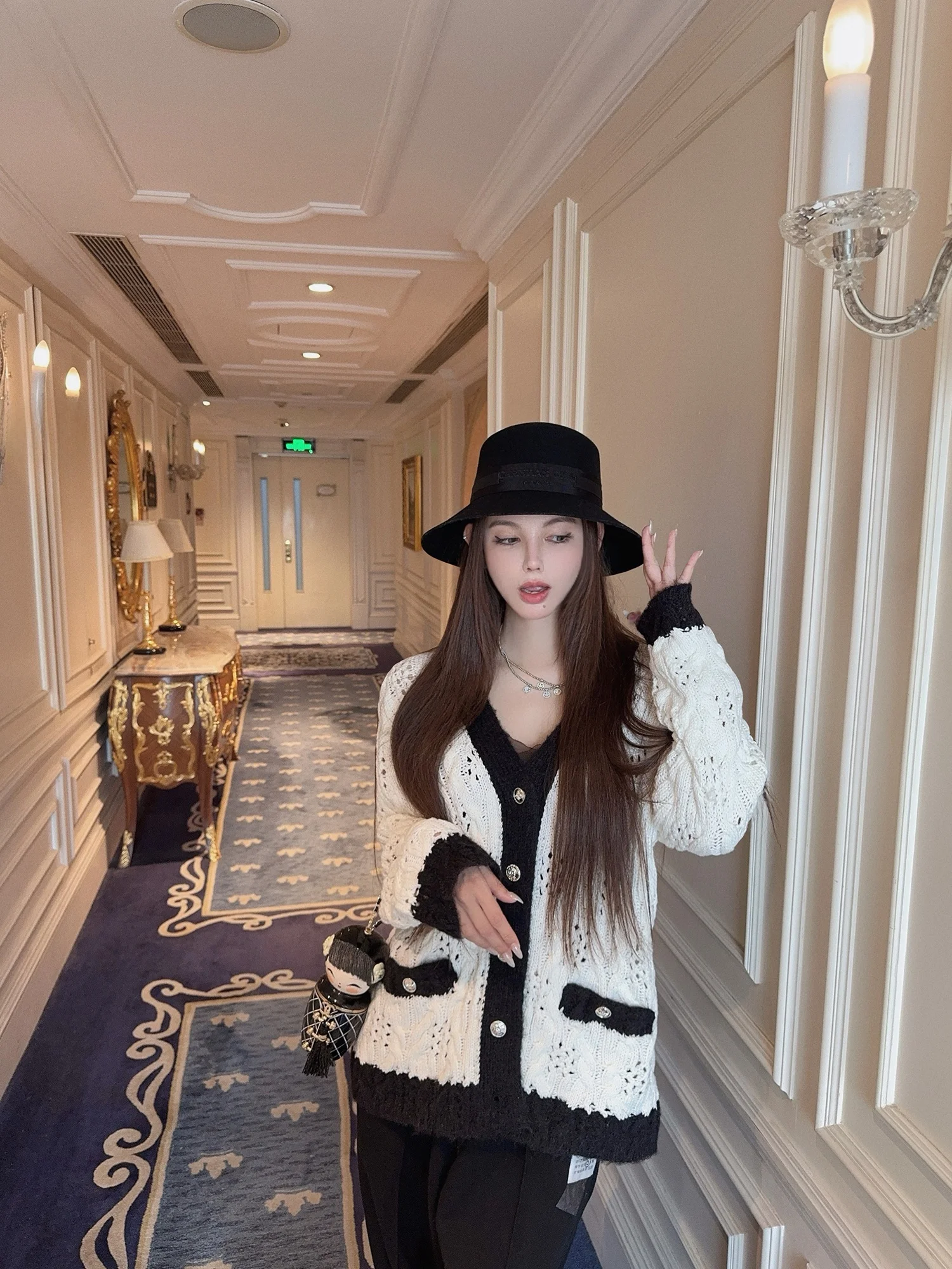 

Loose V-Neck Knitted Open Cardigan Women's Autumn Winter New Style Casual Color Block Long Sleeve Warm Fashion Elegant Wind