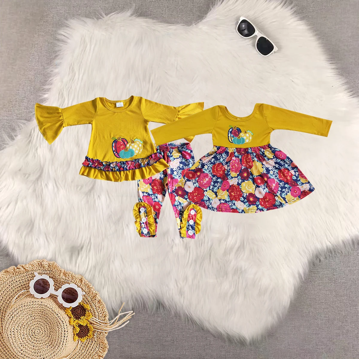 

GLP0006 girl dresses baby girl clothes Embroidered Pumpkin Long sleeve dress Wholesale Summer Boutique kids clothes girl