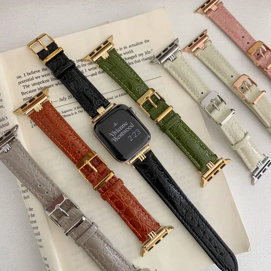 Bracelet en cuir PU Crocodile pour Apple Watch série 9 8 7 6 5 SE 4 3 38/40/41/42/44/45mm, bracelet en métal de luxe pour iWatch UItra 2 49mm