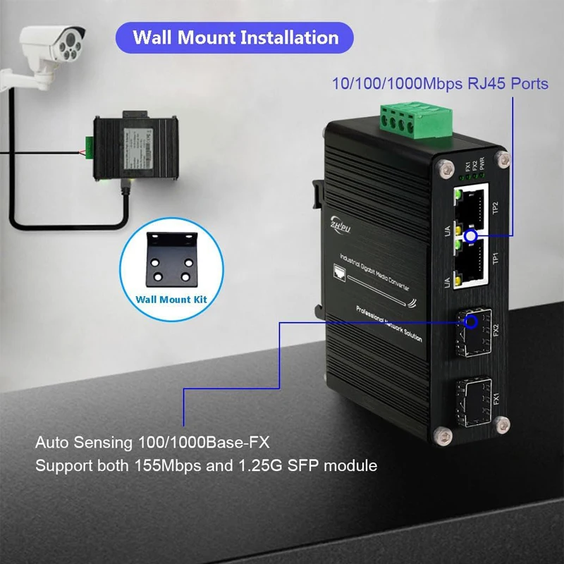 Mini Industrial 2 Ports Gigabit Media Converter Din Rail  Hardened 10/100/1000Mbps Ethernet to SFP Fiber Converter Fiber Switch