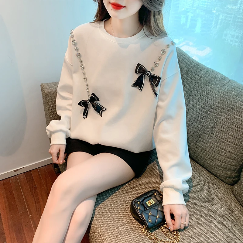 Woman Sweatshirts 2022 Sweet Korean O-neck Bow embroidery Pullovers Autumn Winter black Loose Hoodies Solid Womens big Clothing