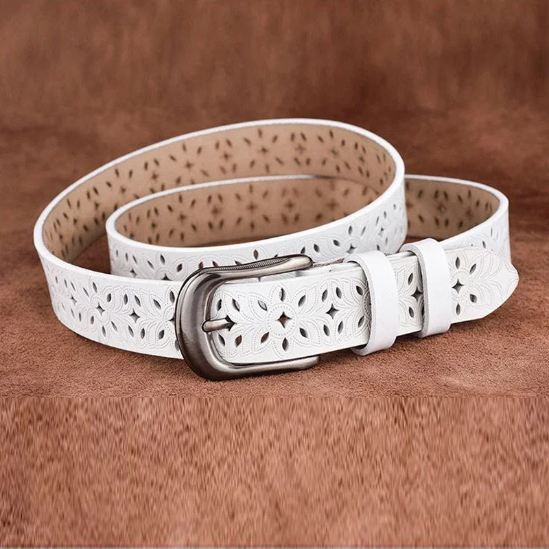 New Women\'s Belt Fashion Genuine Leather Belt Needle Buckle Decoration Cowhide Hollow Versatile