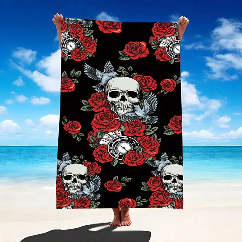 Skull & Roses Beach Towel with Birds Patterned Sunscreen And Windproof Suitable For Swimming Pool Camping Travel Blanket