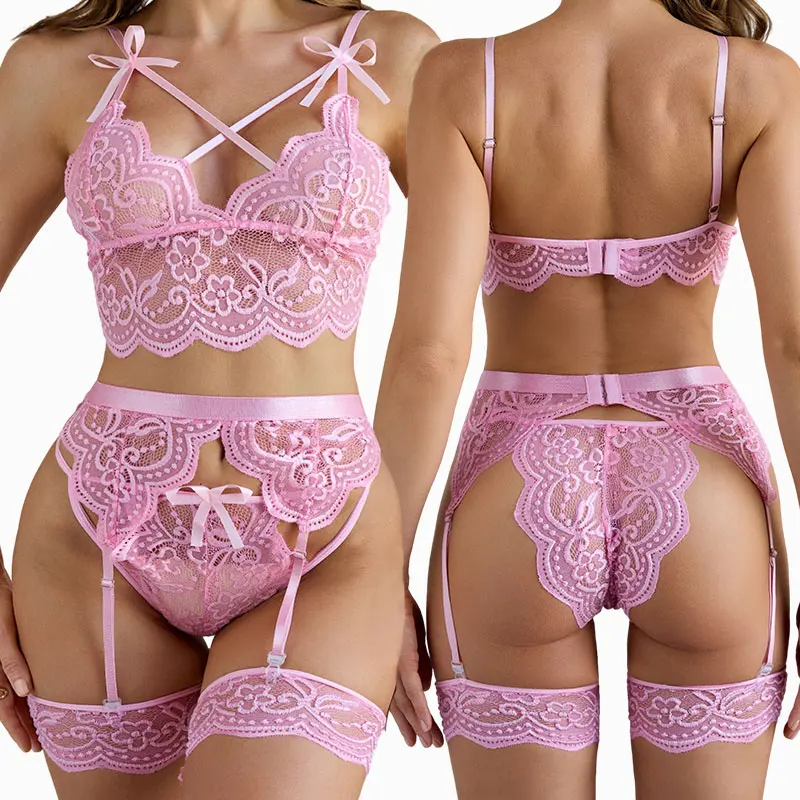Süßes Spitzen-Lingerie-Set, rosa BH und String, sexy Strumpfhalter, Lingerie-Sets, einfarbiger Intimanzug, Plus-Size Damenunterwäsche