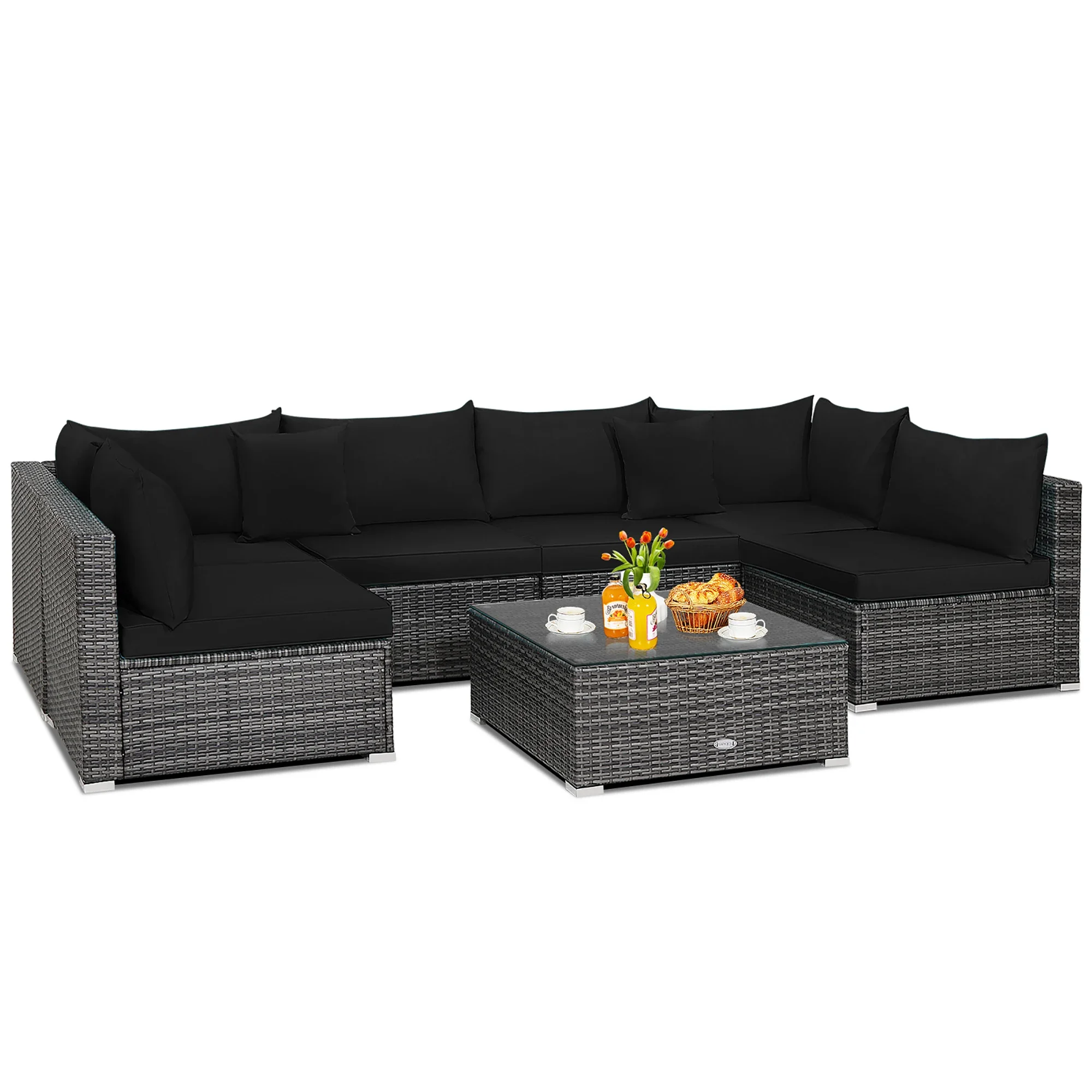 7PCS  Rattan Furniture Set Sectional Sofa Cushioned  Black