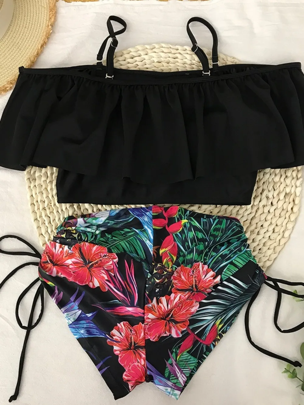 Bathing Suit Women Tropical Tankini Set Shoulder Ruffle Top High Waisted Shorts Beach Swimwear Bathing Suit Summer Beach Style