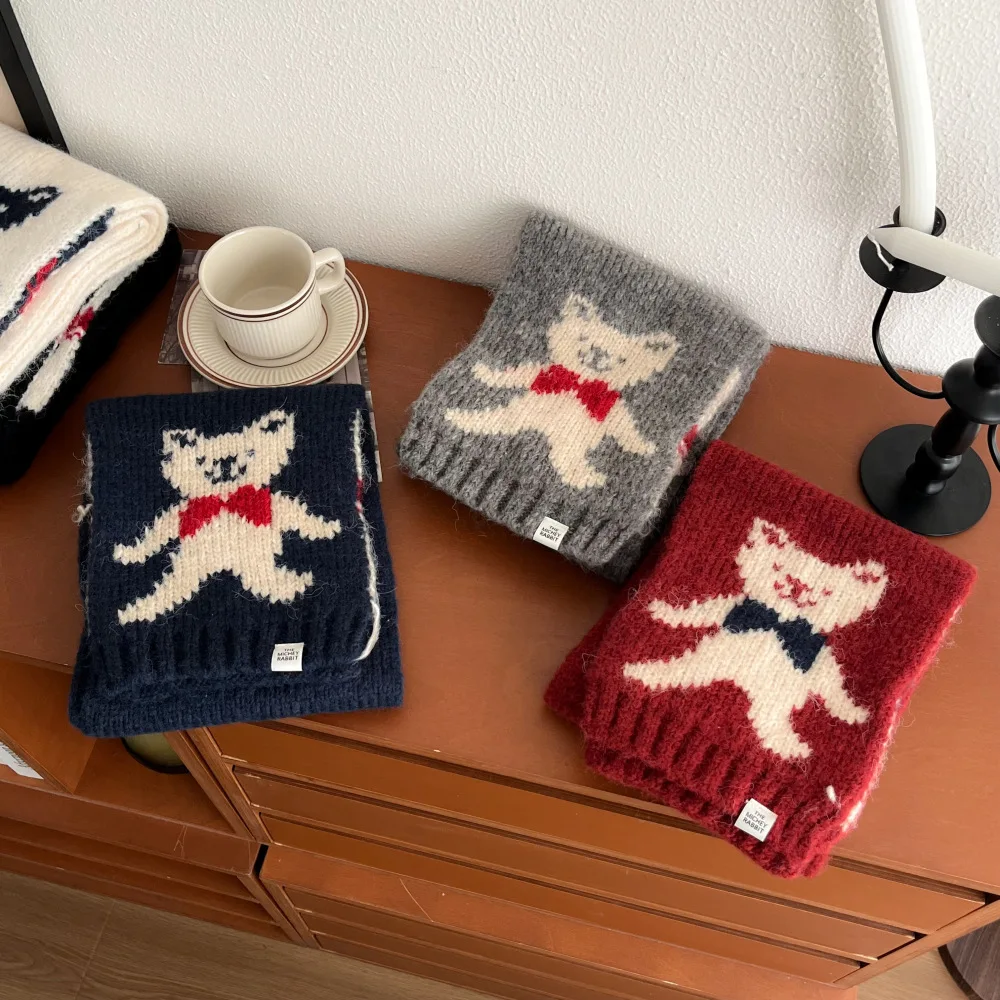 Cute Bear Jacquard Knit Scarf Original Design Autumn Winter Korean Style Warm Neck Warmer Women