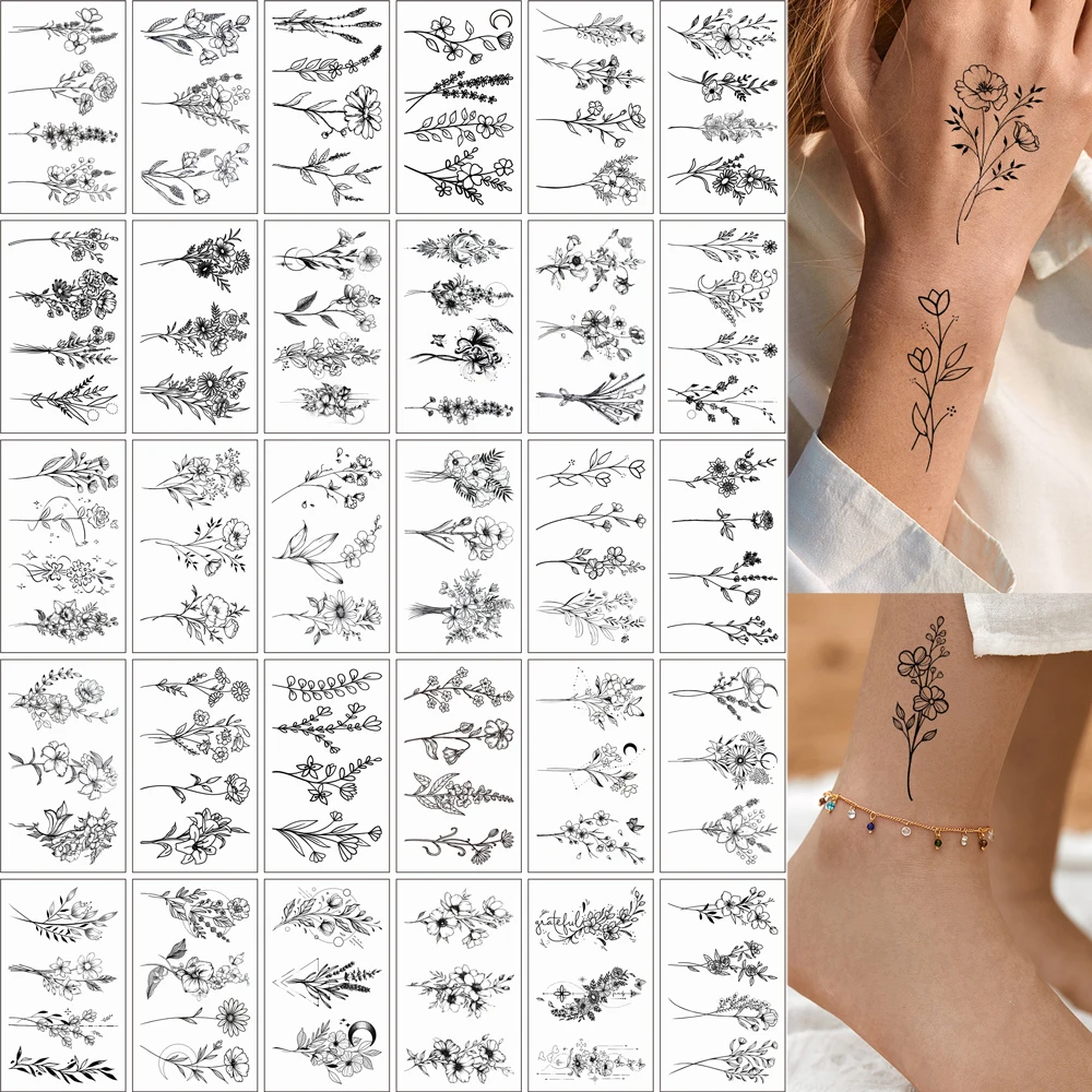 

30pcs Black Branches Flower Temporary Tattoo Stickers For Women Plants Lavender Tattoo Stickers For Hand Neck Body Art