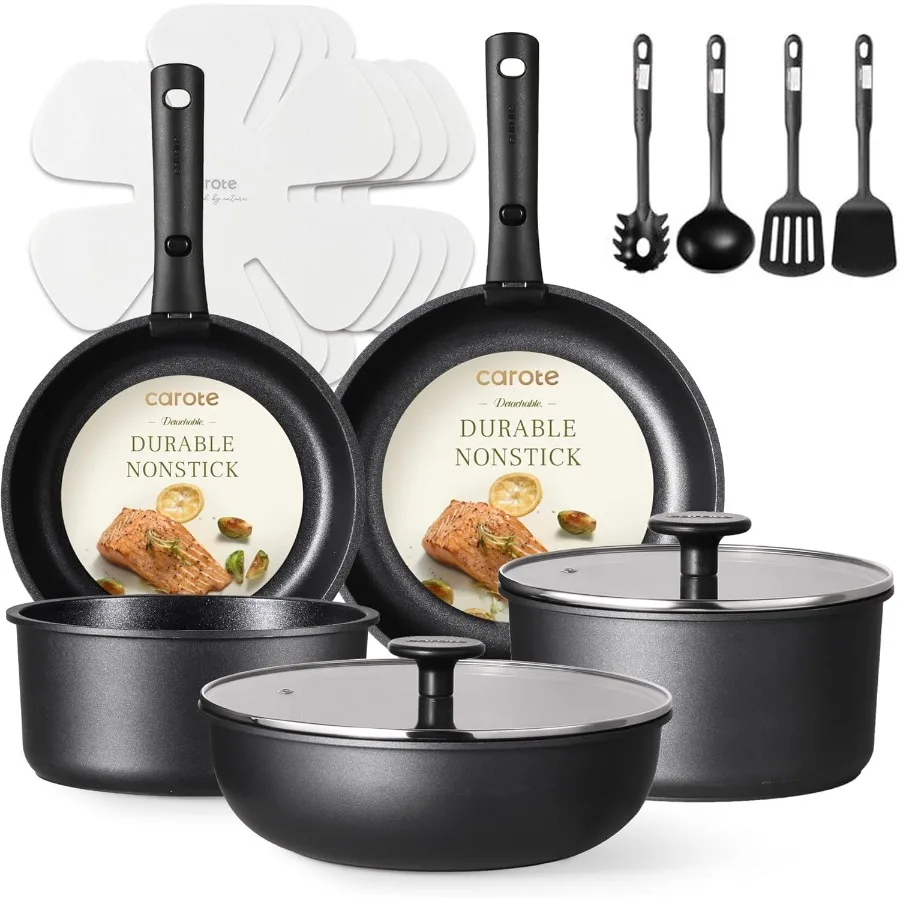

17Pcs Pots and Pans Set Non Stick Cookware Set with Detachable Handle for Induction Stovetop Removable Handle Kitchen Sets Oven