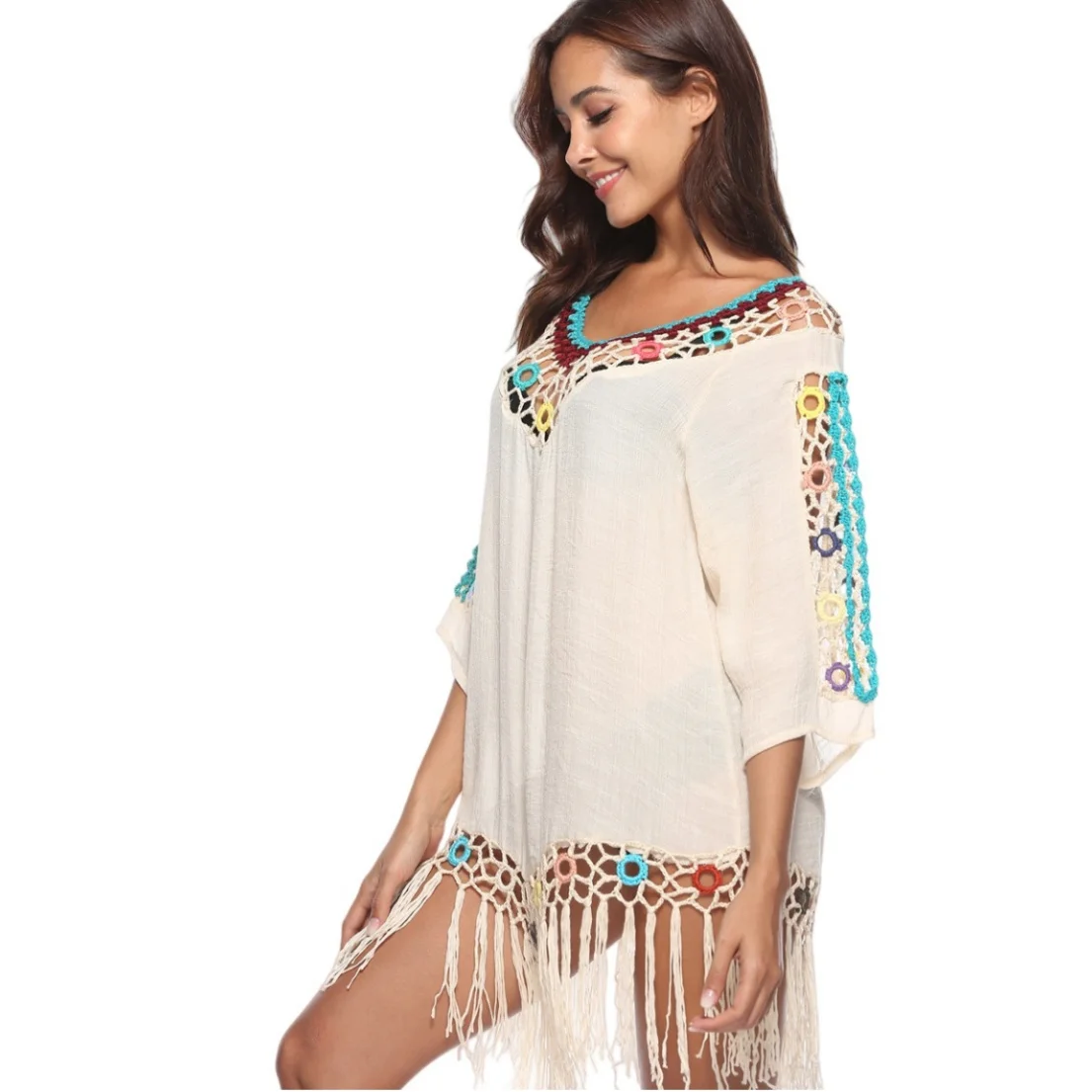 Women's Boho Crochet Beach Cover-Up Sexy V-Neck Beach Dress Summer Sun Swimwear Tunic With Tassel Hem