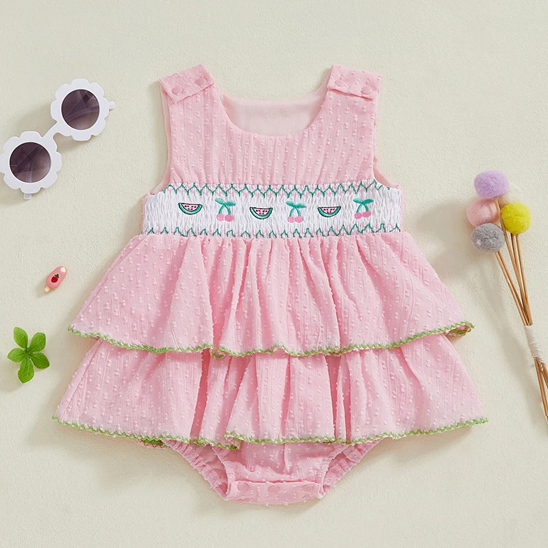 

Newborn Toddler Baby Girl Romper Sleeveless Fruit Embroidery Patchwork Jumpsuits Layered Dress Summer Clothes 0-18M