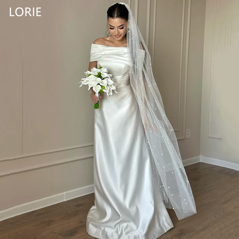 

LORIE Satin A-Line vestidos de novia Exquisite Off The Shoulder Bridal Gown Ivory Pleat Wedding Dress Customized
