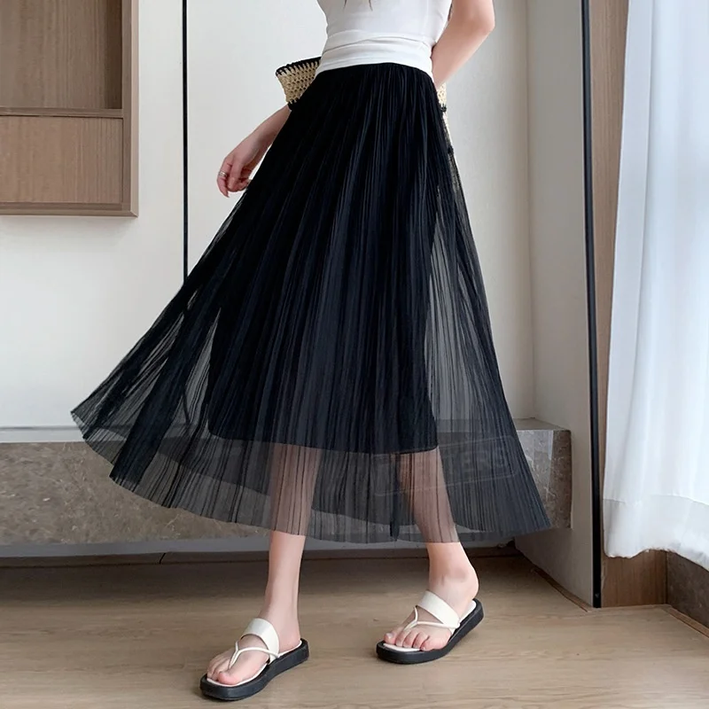 TFETTERS Summer Korean Women Tulle Pleated Midi Skirt Elastic High Waist A Line Mesh Long Skirt Elegant Flowy Casual Daily