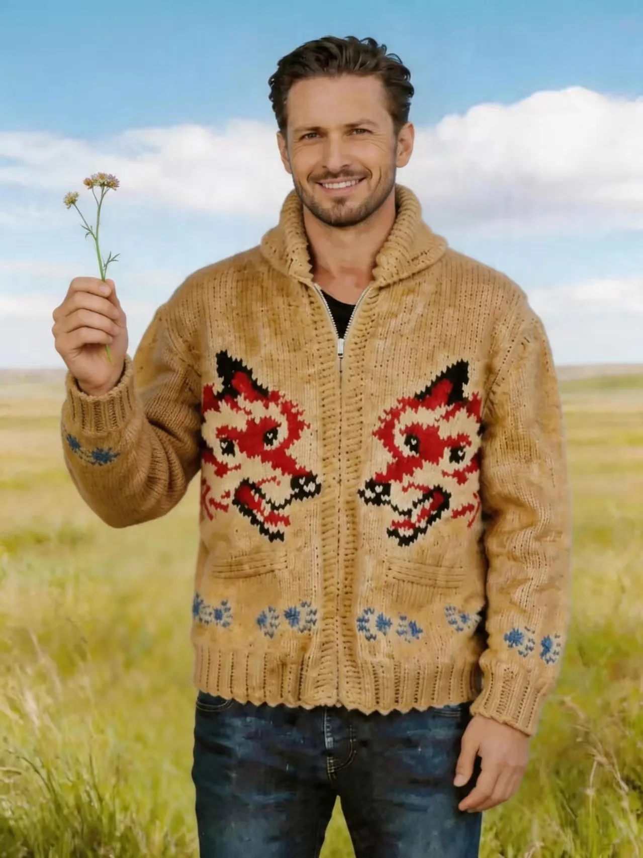 Men's Fox Plaid Knitted Sweater Blazer for Spring 2026 - Thick Knit with Zipper Closure Loose and Comfortable Style