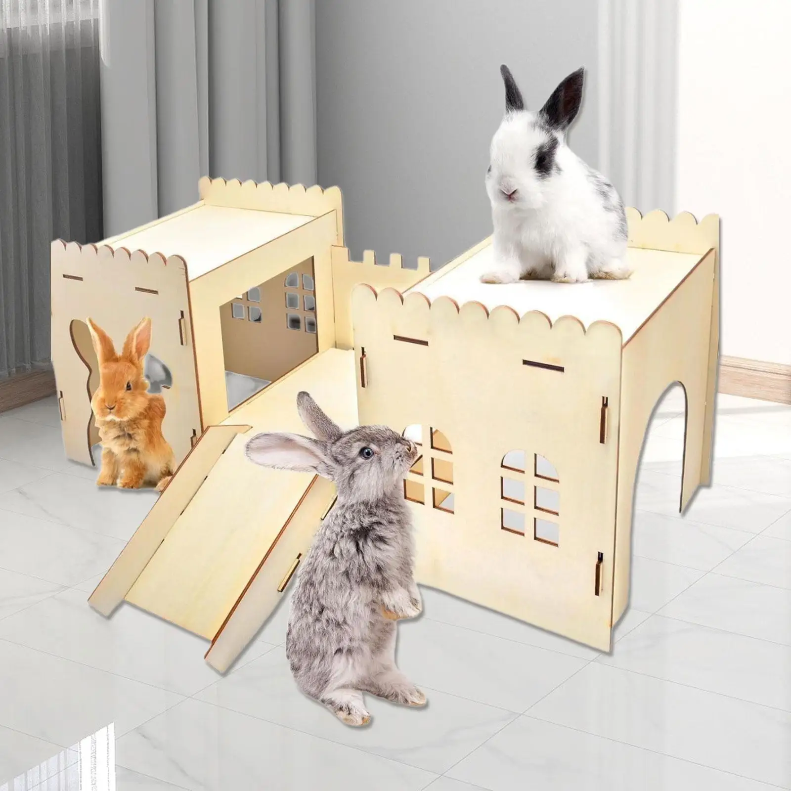 

Wooden Bunny Hideout Castle Indoor Bed Hut for Hamsters Bunny Chinchillas