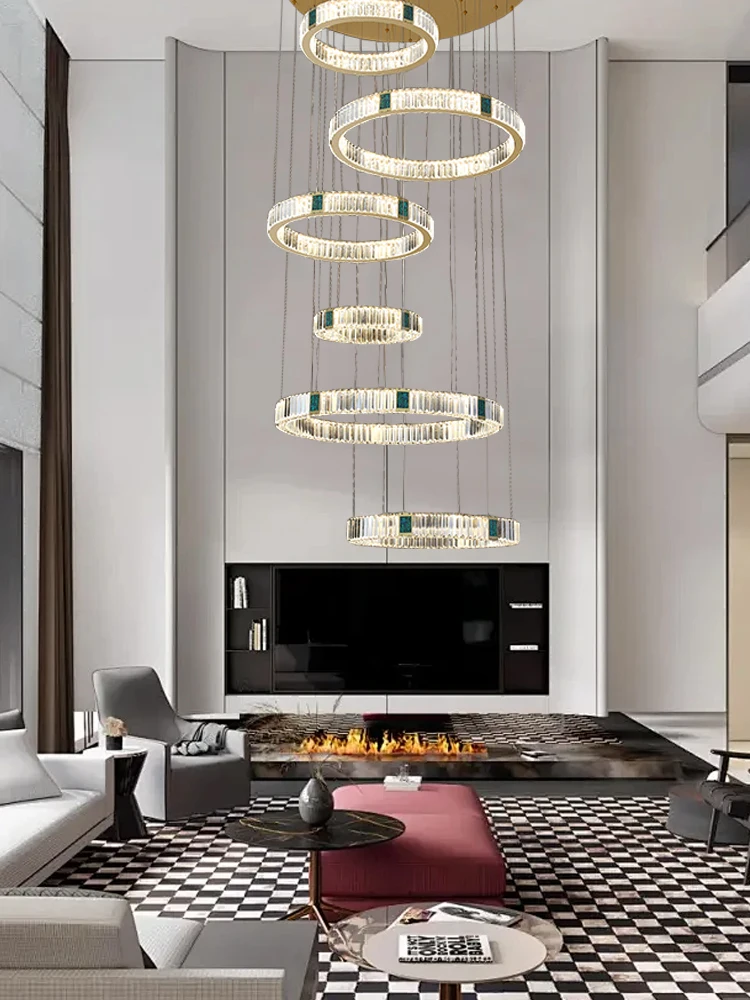 Large Multiple Rings Crystal Pendant Light Villa Duplex High Ceiling Light Fixture, Dimmable Luxury Round Pendant Lamp Foyer