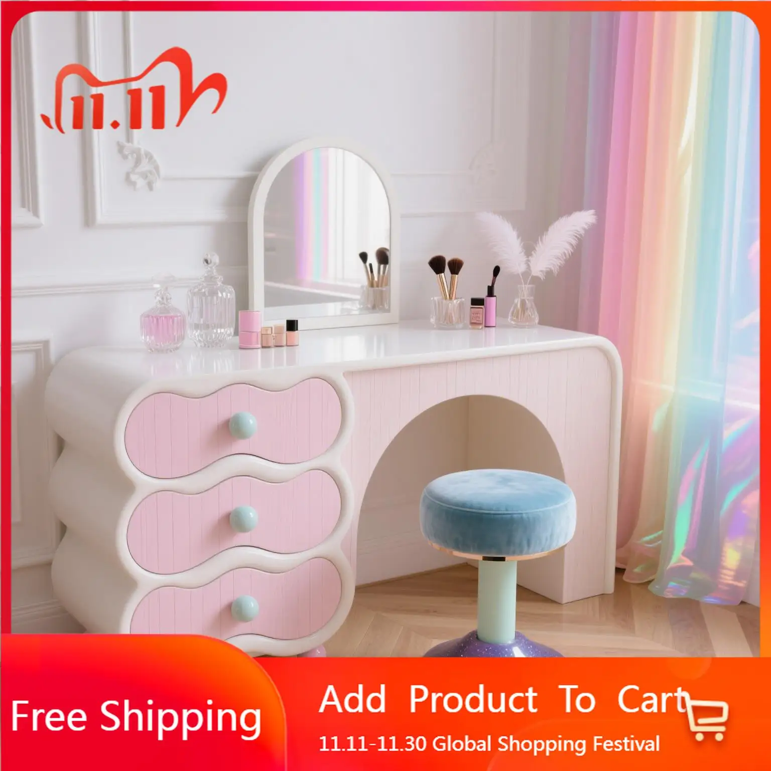 

Pink Desgin Vanity Table Women European Cosmetics Beauty Bedroom Vanity Table Nordic Comfortable Makeup Vestidores Furniture