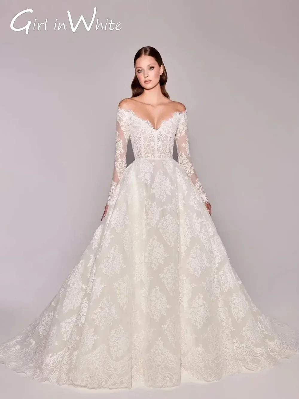 Customized Off Shoulder Wedding Dresses V-Neck With Full Floral Appliques Long Sleeves Bride Wedding Dress Vestidos De Novia