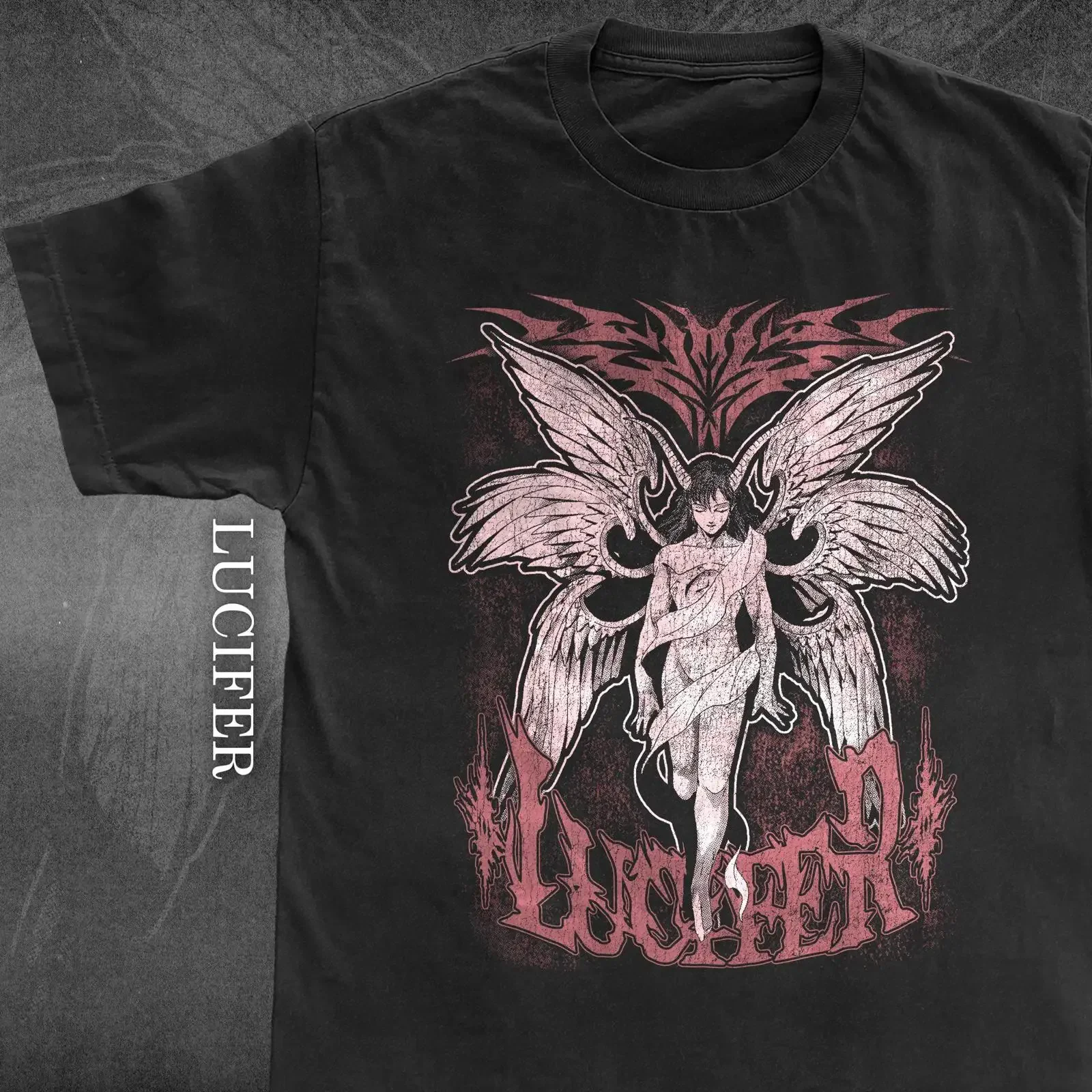 LUCIFER Vintage Style T Shirt vintage Washed Versatile Stretched Breathable designer clothes graphic Top For Everyday Wear