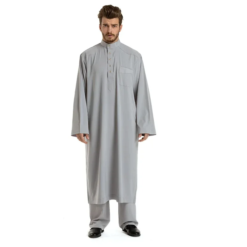 Muzułmańska Arabia Saudyjska Mężczyźni Jubba Thobe Musulmana Tops Pants Abaya Dress Set Dishdasha Thoub Kaftan Eid Ramadan Islam Clothing