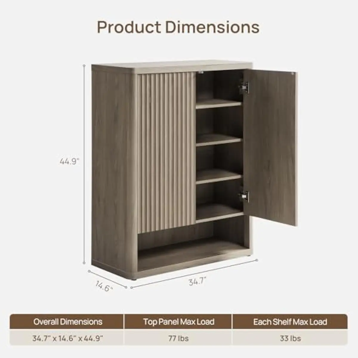 Tall Fluted Shoe Cabinet 44.9 Inch High with Six Functional Tiers Four Fixed Plus Two Adjustable Shelves Engineered Wood Constru