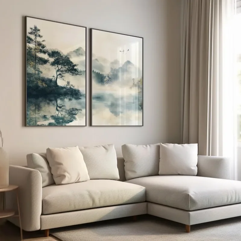 Multiple sizes 2pcs frameless Canvas PaintingIndia,2pcs Minimalist Japandi Landscape Canvas Wall Art, Frameless Modern Tranquil