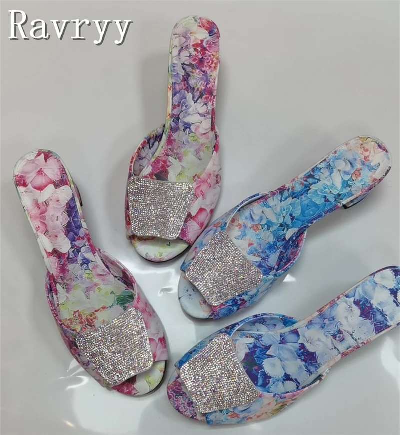 

Fashion Rhinestone Buckle Women Slippers Color Prints Open Toe Chunky Heels Sandals Summer New Party Dress Shoes
