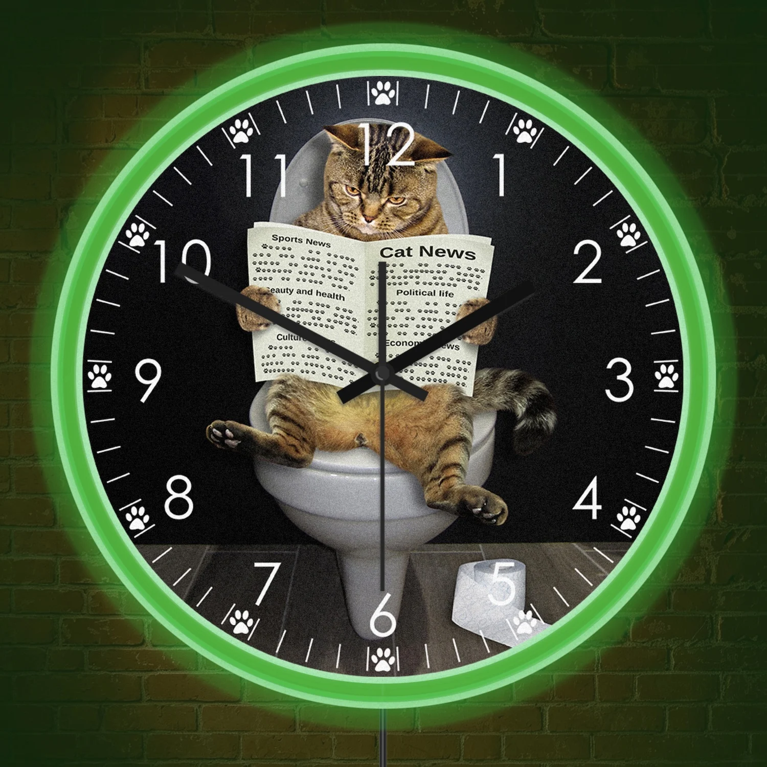 Cat Reading Newspaper On Toilet Neon Wall Clock USB Powered Lighting Kitten LED Night Light Glow in Dark for Bedroom Living Room