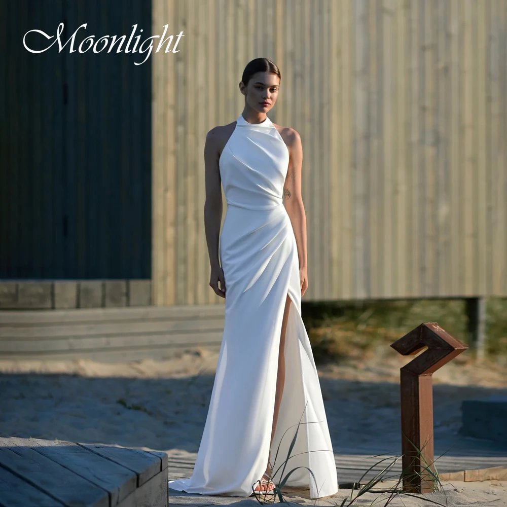 

Современное плиссированное свадебное платье русалки с лямкой на шее, женское свадебное платье без рукавов с высоким разрезом и открытой спиной, Vestidos De Novia по индивидуальному заказу