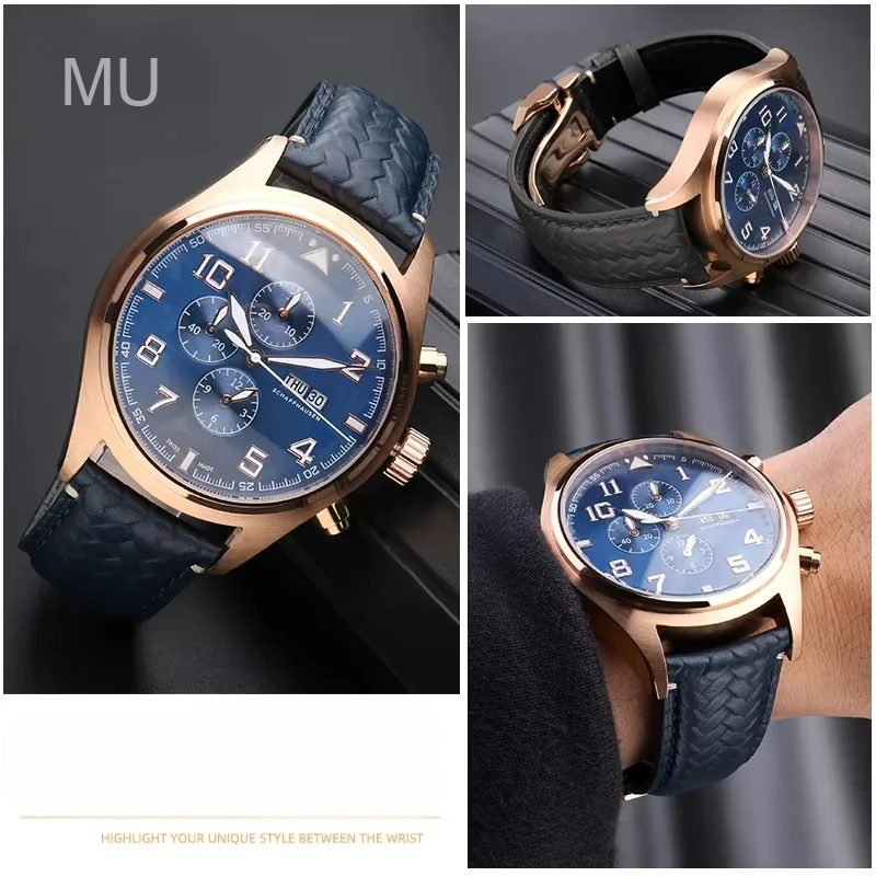 Leisure Gentleman's Woven Genuine Cowhide Watchband for IWC Portuguese Solid Steel Buckle Waterproof Breathable Strap 20 22mm
