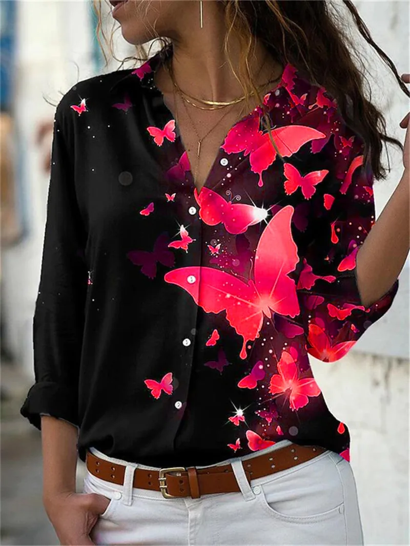 Fashion Butterfly Pattern 3D Print Women Long Sleeve Shirts Spring Autumn Holiday Casual Street Ladies Blouse Women's Clothing