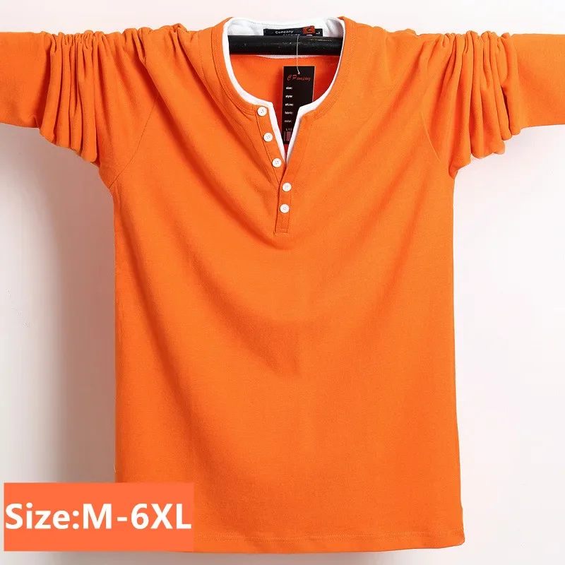 New V-Neck Men T Shirt PLus Size Long Sleeve Oversized 6XL 5XL 4XL Loose Gray Solid Black Orange Army Green Streetwear Pullover