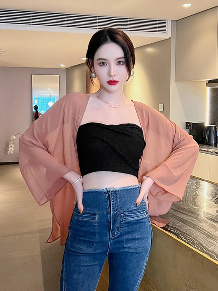 New Summer Women Jacket Casual Wild Loose Chiffon Solid See Through Long Sleeve Cardigan Shawl Femme Office Street Holiday Beach