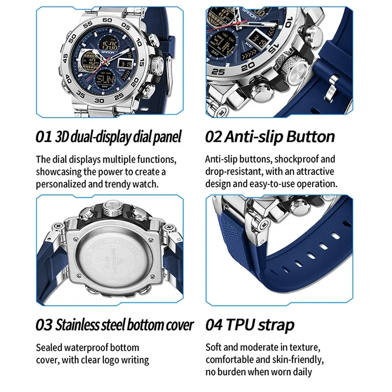 SANDA موضة جديدة متعددة الوظائف ساعة مضيئة شاشة مزدوجة الرياضة في الهواء الطلق 50 متر مقاوم للماء ساعة كوارتز إلكترونية للرجال montre