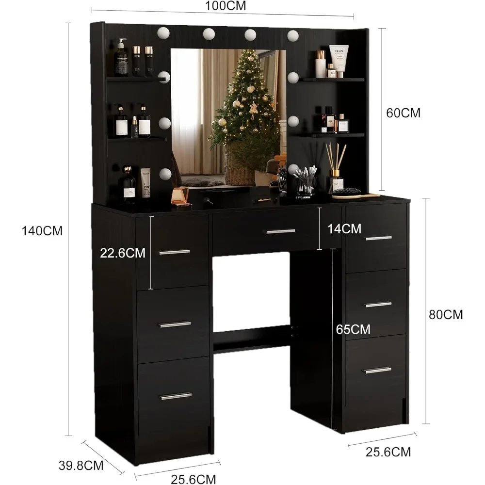 Vanity Desk nero con specchio e luci, tavolo da trucco con 6 cassetti portaoggetti e ripiani multipli, 3 modalità di illuminazione