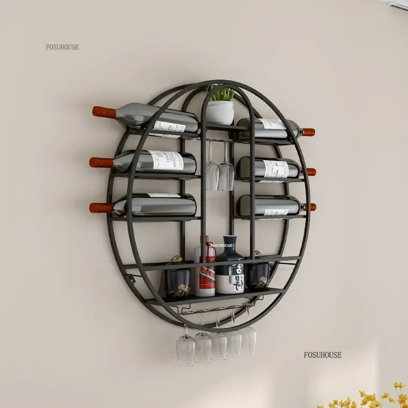 Modern Bar Furniture Nordic Round Wall-mounted Wine Rack Luxury Gold Iron Wine Cabinets Home Storage Rack with Wine Glass Holder