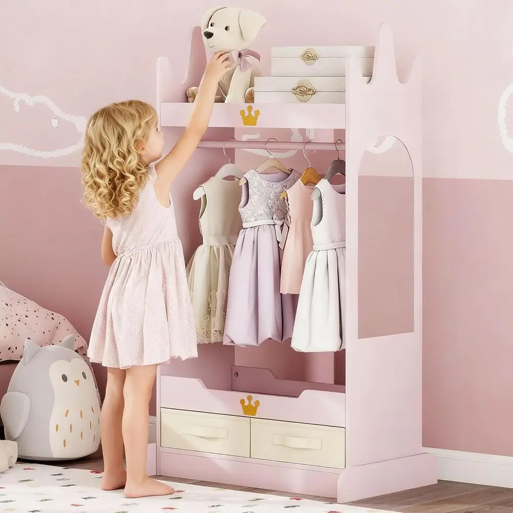 

Children's Mirrored Storage Cabinet, Open-Style Hanging Armoire, and Costume Organizer for Bedroom, Nursery, or Preschool in Pin