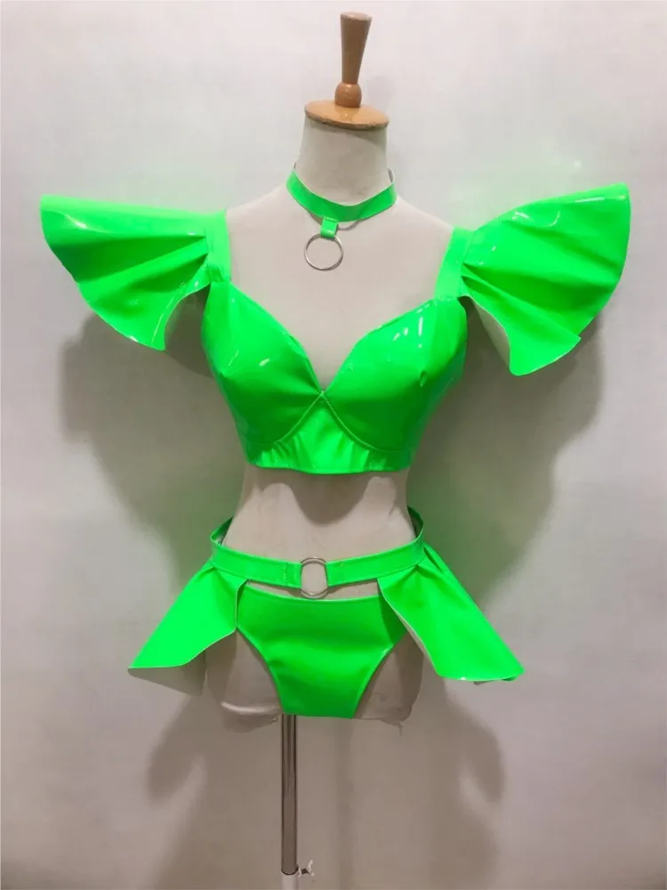 

Nightclub Bar Singer Gogo Leading Dance Show Festival Atmosphere Performance Dress Fluorescent Green Lacquer Leather Set