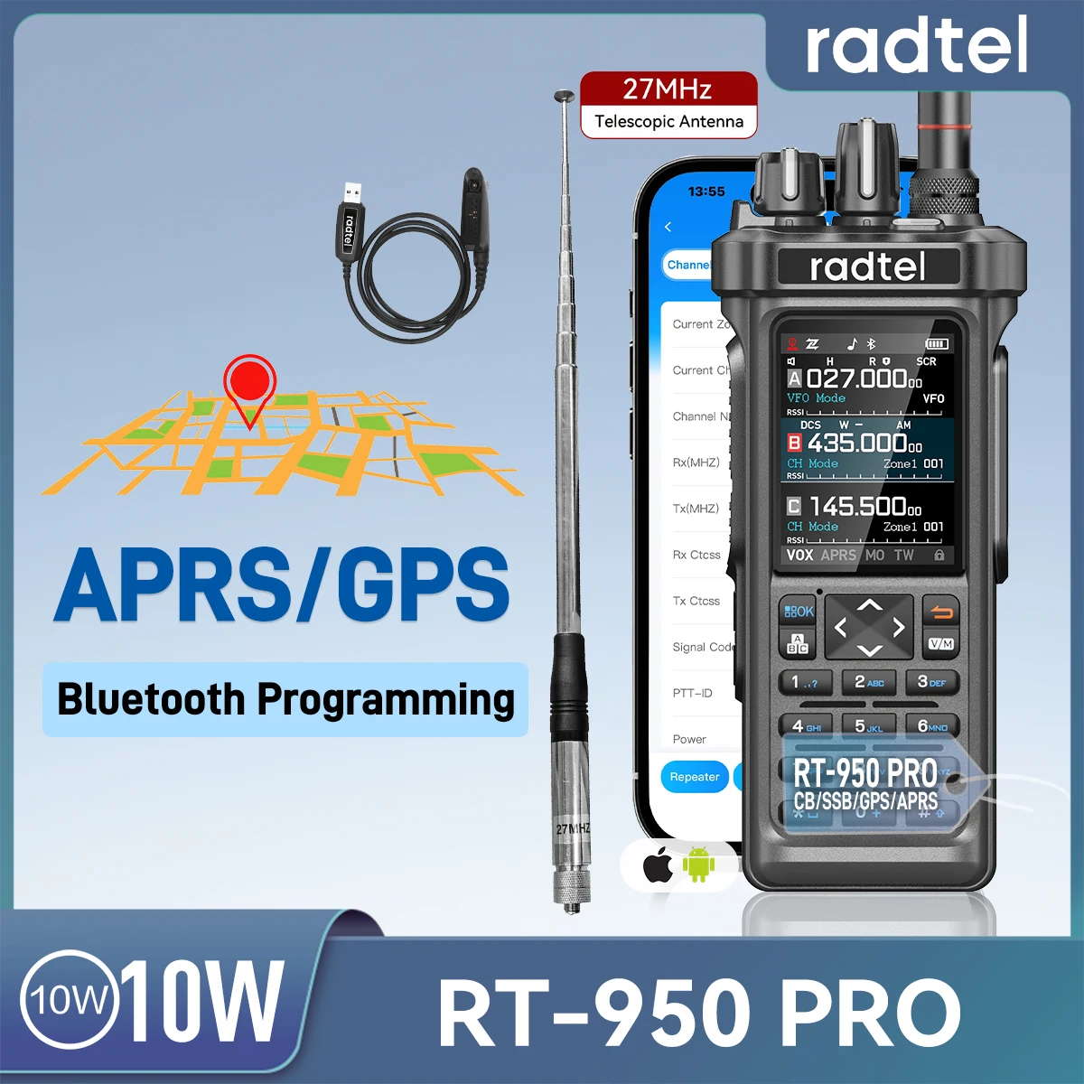 Radtel RT-950 PRO GPS APRS 27Mhz TX Walkie Talkies 10W  CB/SSB/HF RX Bluetooth Programming NOAA ShortWave For RT-950PRO Radio
