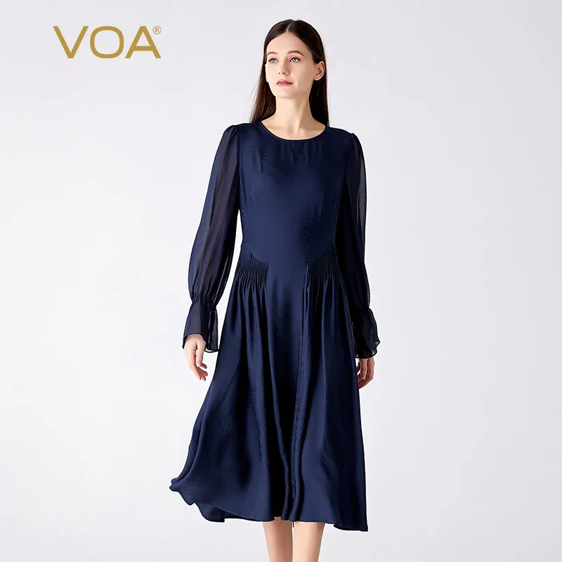 

VOA 100% Pure Silk Jacquard Navy Blue O-neck Flare Long Sleeve Dresses Women Office Ladies Pleated Silk Dress 2023 New In AE1965