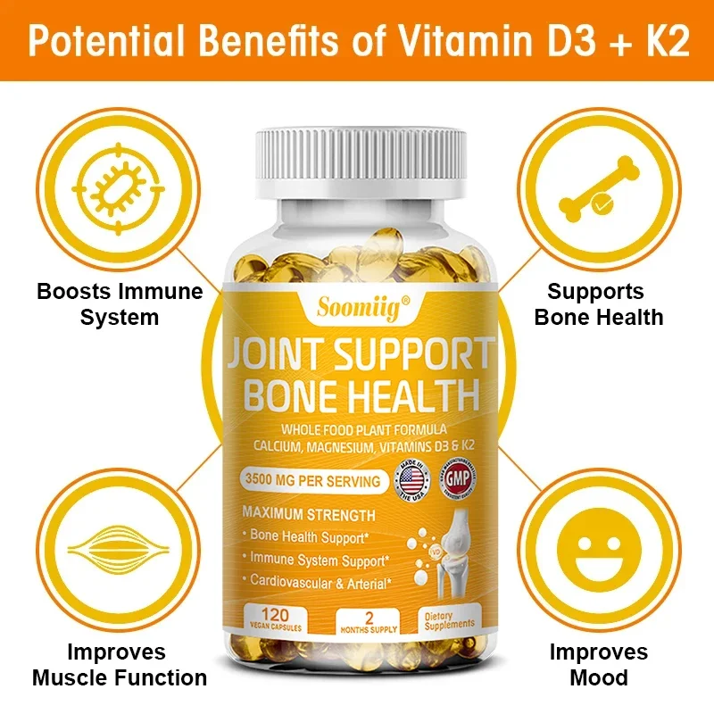 Vitamin D3+K2 - Plant Formula Calcium Magnesium Vitamin Capsules, Non-GMO, Vegan, Natural, Gluten-Free, D3 & K2 Supplement