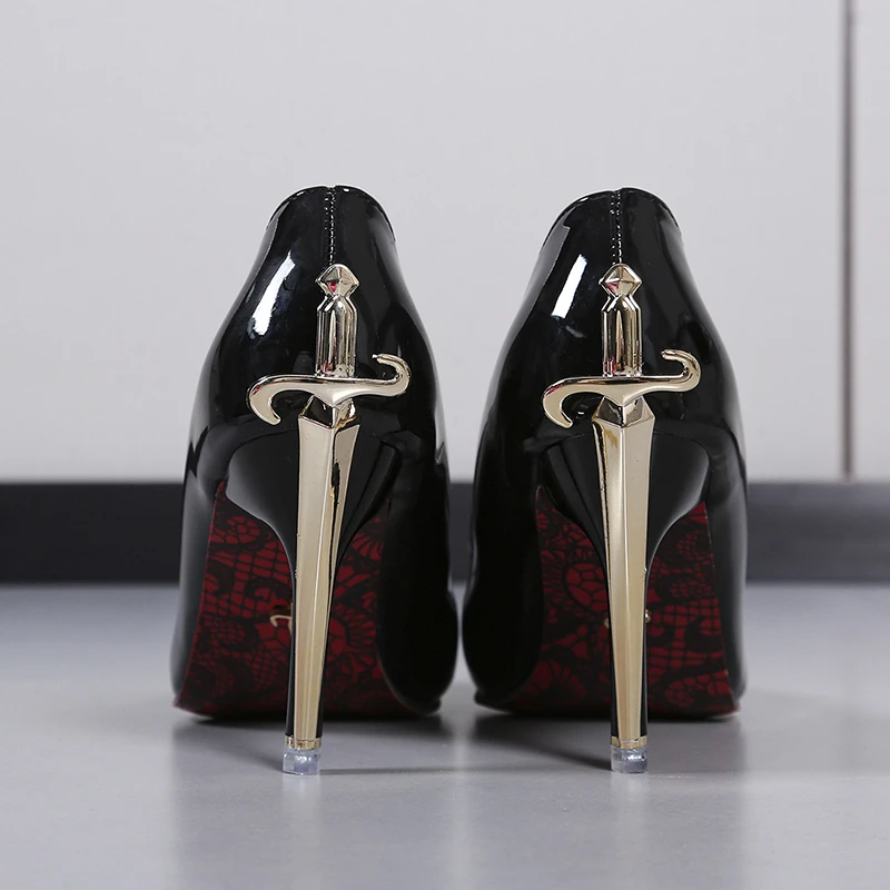 2026 New Style Black Patent Leather High-Heeled Sandals Trendy Women's Red-Soled French Pointed Toe Slip-On Party High Heels 43