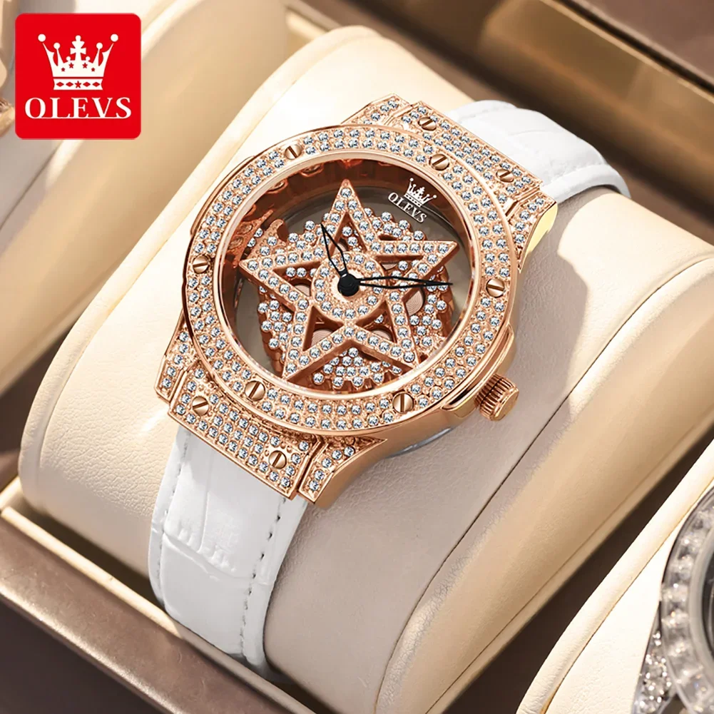 

OLEVS Elegant Quartz Watch for Women Luxury Star Snowflake Dial Women's Watches Leather Strap Fashion Ladies Wrist Watches Clock