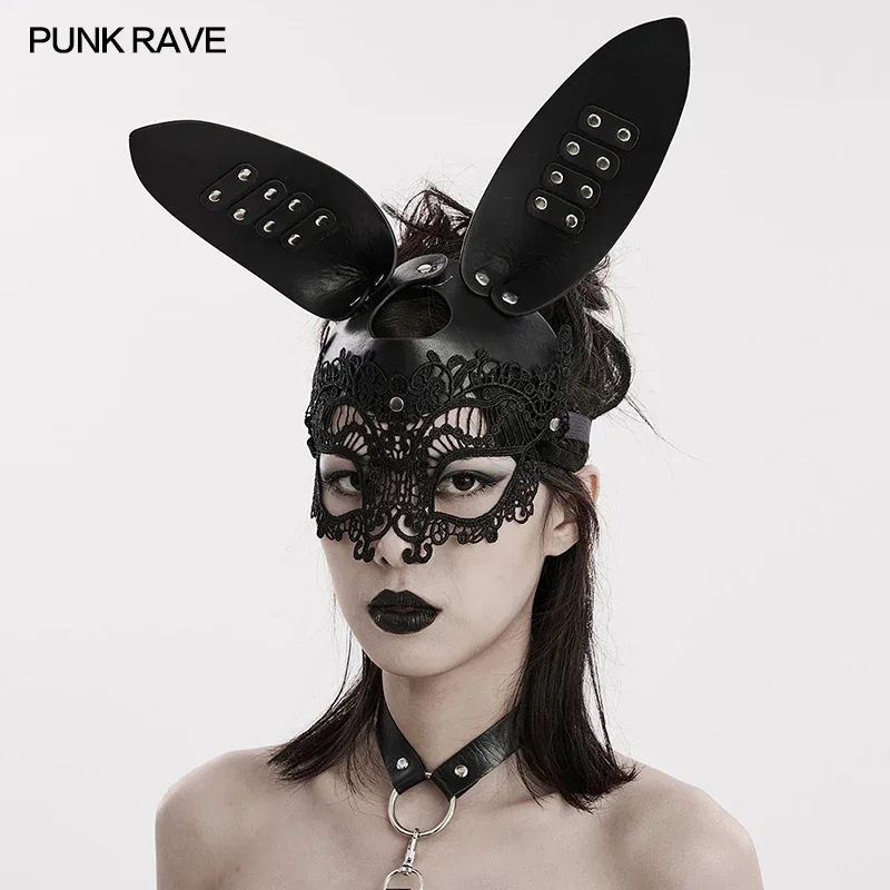 PUNK RAVE Women's Gothic 3D Rabbit Ears Mask Lace Stitching Around Eyes Club Sexy Halloween Accessories Cosplay Cute