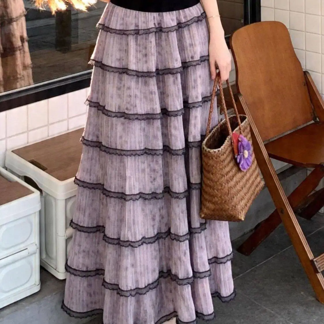 Elegant Purple Fluffy Cake Skirt High Waist Fairy Gown Half-length Polyester Fabric Non-deformable Casual Style Commute Suitable