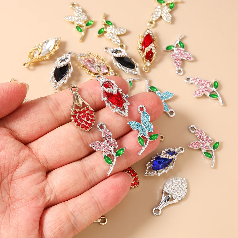 10 Stück Niedliche Kristall-Metall-Anhänger in Form von Baumblättern und Blumen für Schmuckherstellung, Ohrringe, Halsketten, Armbänder, DIY-Bastelzubehör – Detail 1