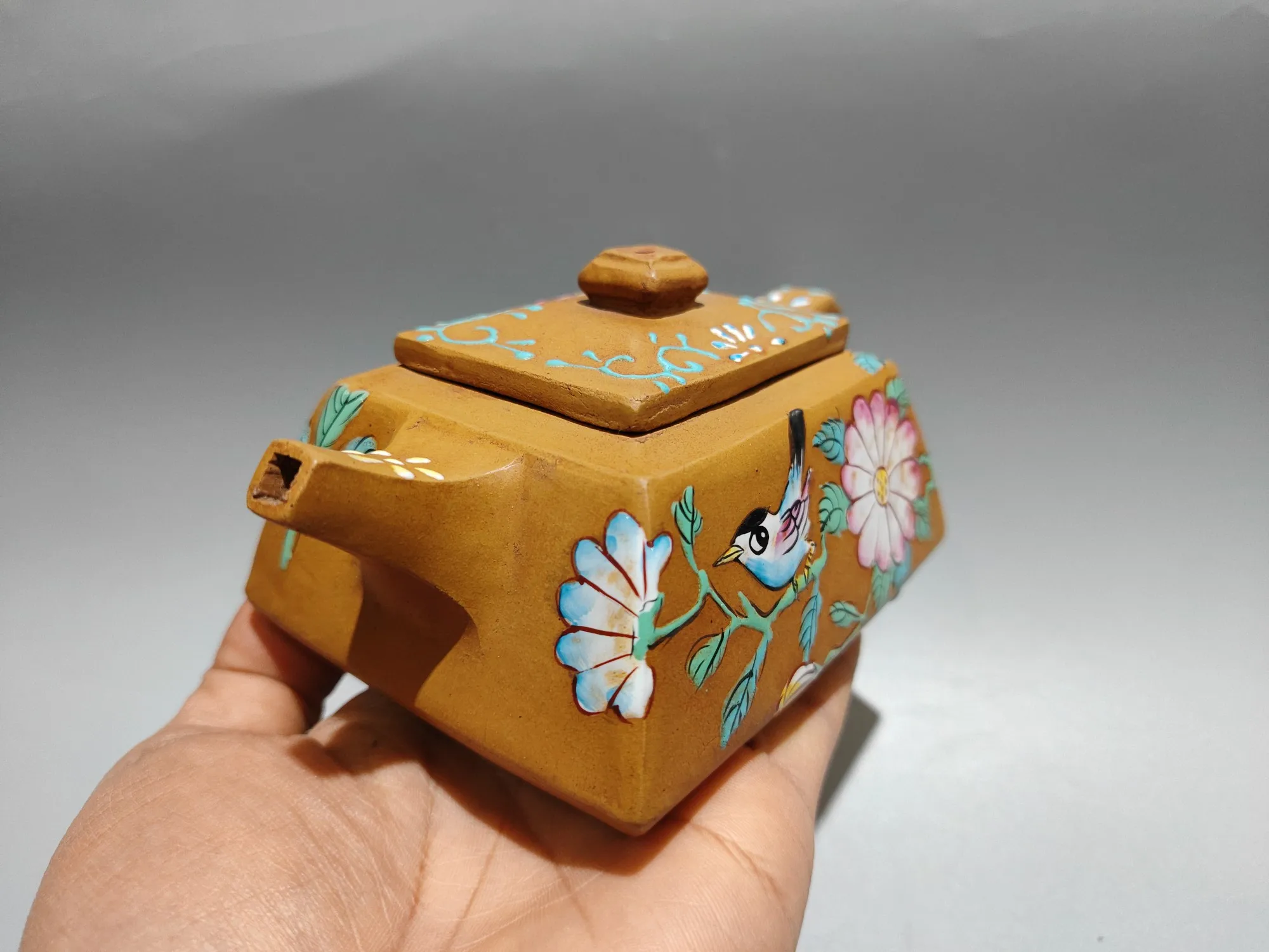 Old Yixing Purple Clay Teapot Pointillism Square Pot Magpie and Plum Blossom Tree vine pattern Trapezoidal pot Kettle Tea Maker