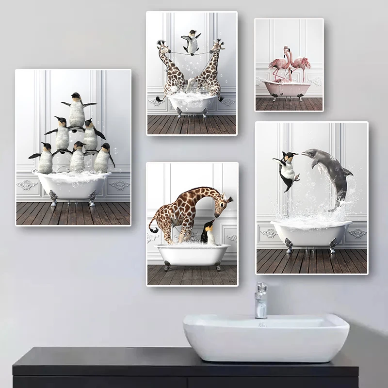 Póster de Animales Divertidos: Pingüino, Delfín, Perezoso y Jirafa Jugando en la Bañera, Impresión en Lienzo, Arte Nórdico para Pared, Decoración para Baño y Hogar